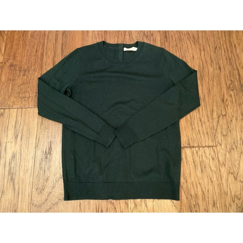 Tory Burch Hunter Green Sweater Women's Small S/P Gold Logo Buttons Knit On Back